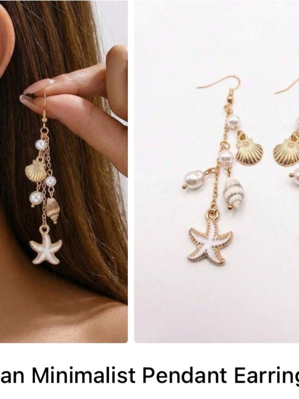 Gold Starfish & Shell Drop Earrings - Pearl Accent